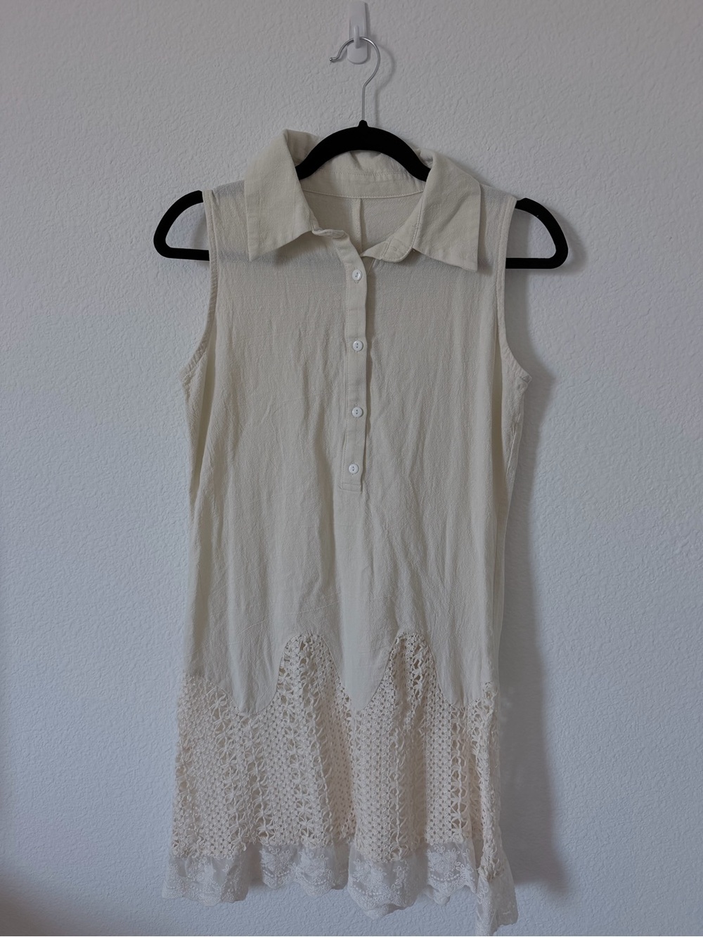 Sleeveless Cream Crochet-Hem Shirt Dress